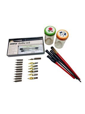Vintage Platignum Set Calligraphy Pen Tips Nibs Speedball, Resterbrook Jars Lot
